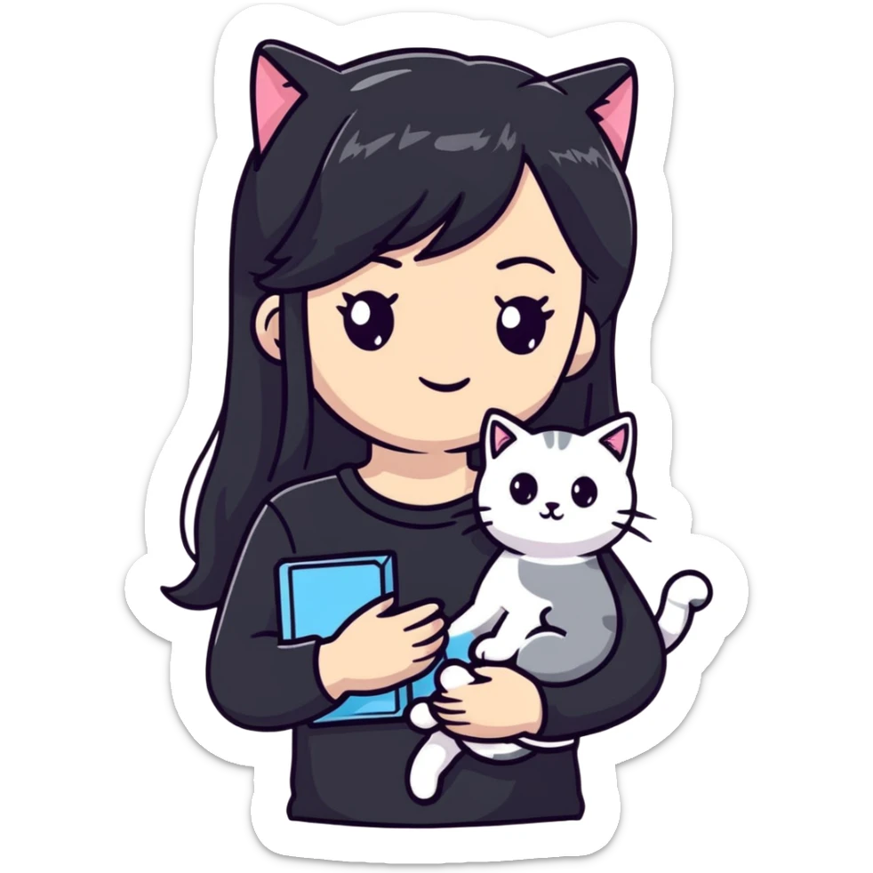 beautiful girl with long black hair wearing a black shirt holding a silver-colored cat sticker