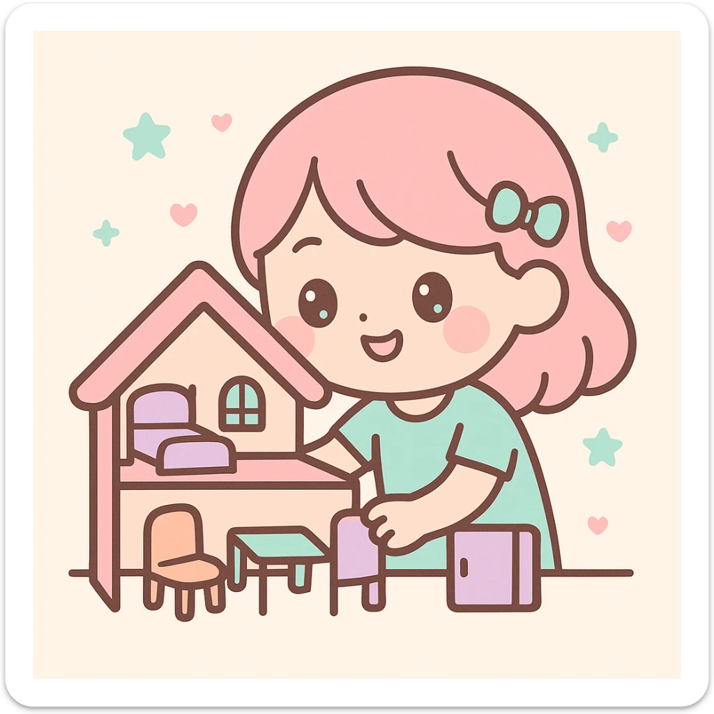 smiling girl arranging furniture in doll house sticker