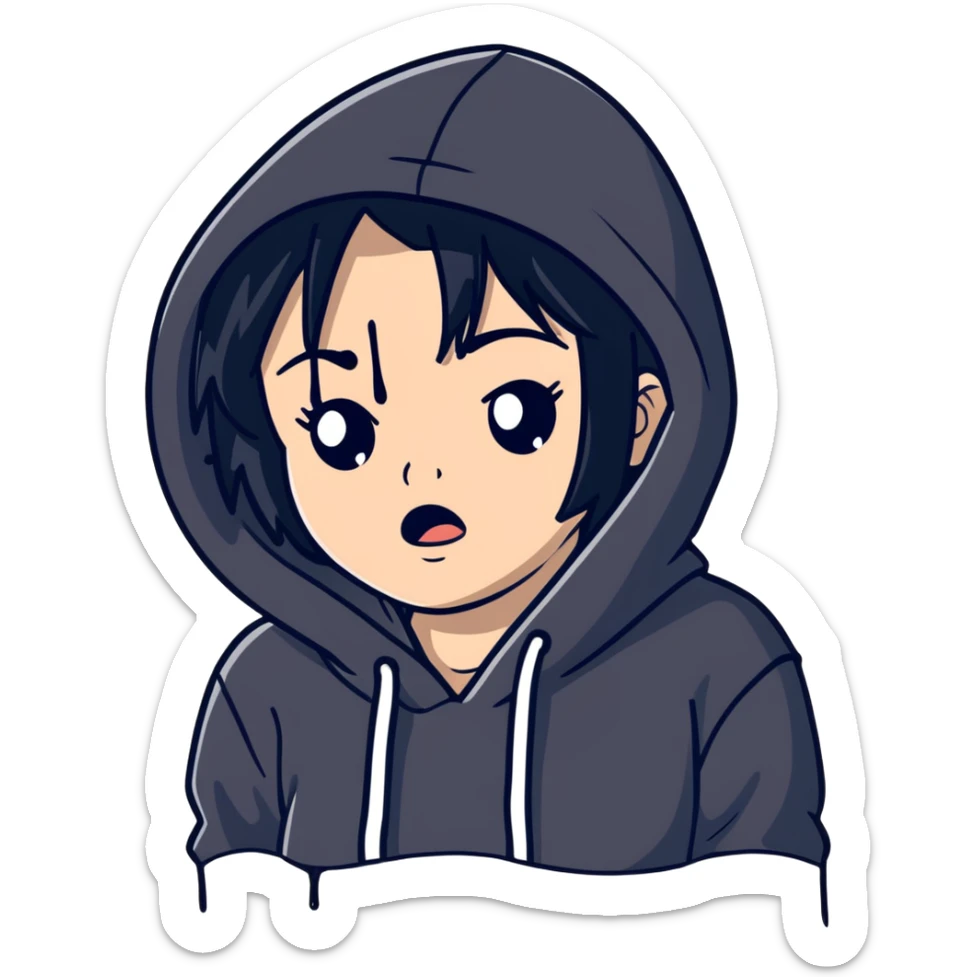 girl with black hair in black hoodie with tears streaming down her face sticker