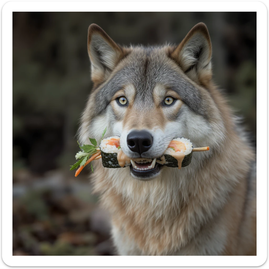 realistic wolf holding a sushi roll in its mouth, realistic style sticker