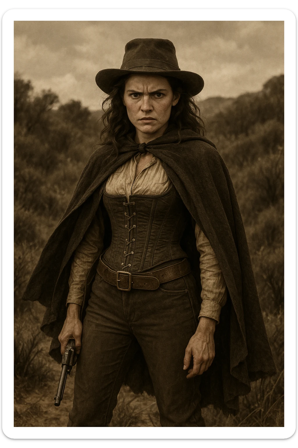 19th-century female outlaw, bushranger attire, corset, trousers, cloak, standing in scrubland, fierce look sticker