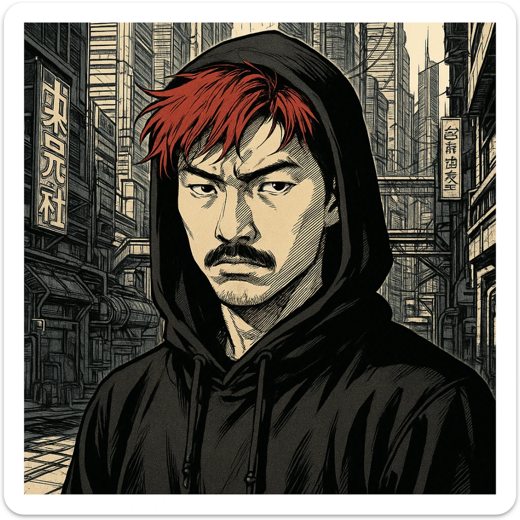 Asian man with black mustache, red hair, black hoodie, Ghost in the Shell manga style, futuristic city background, sharp shadows, high detail sticker