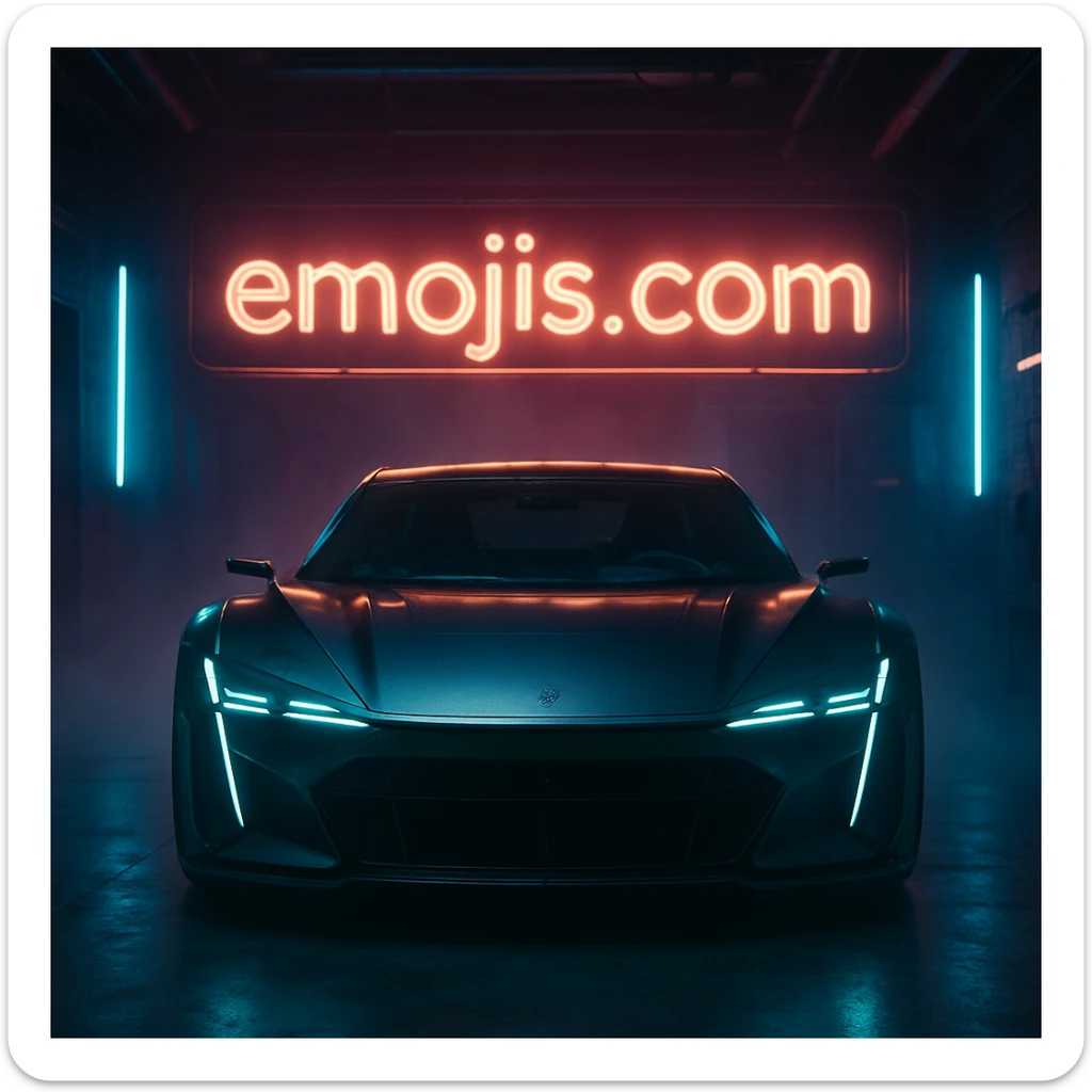 Cinematic still of a futuristic car parked front to camera inside neon garage with led behind saying "emojis.com", room fill with haze, very detailed and futuristic ,inspired by cyberpunk 2077 sticker