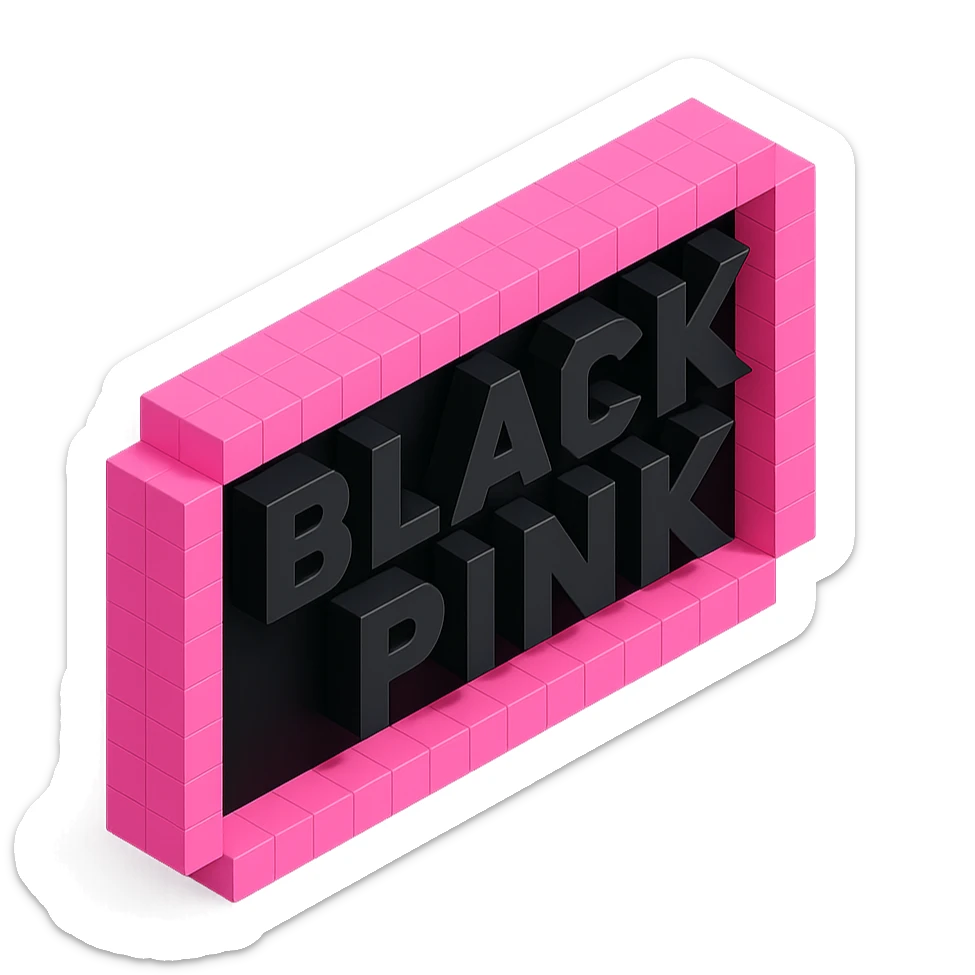 Blackpink inspired icon, pink and black, 3D blocky look, modern pop sticker