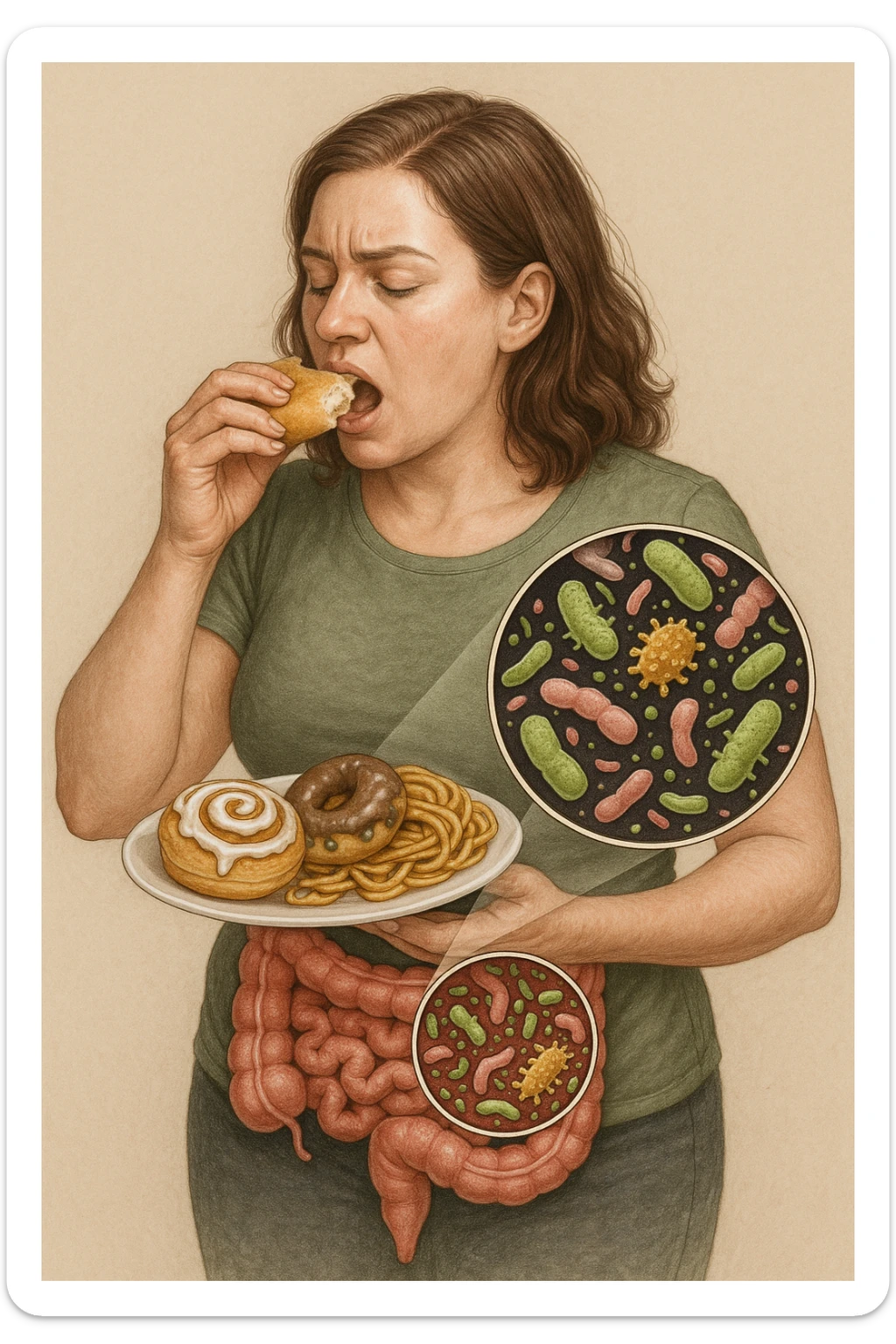 donna con batteri cattivi pieni nel suo intestino immagini realistiche mangia alimentazione ricca di glutine e zuccheri alimentando tutti i batteri cattivi sticker