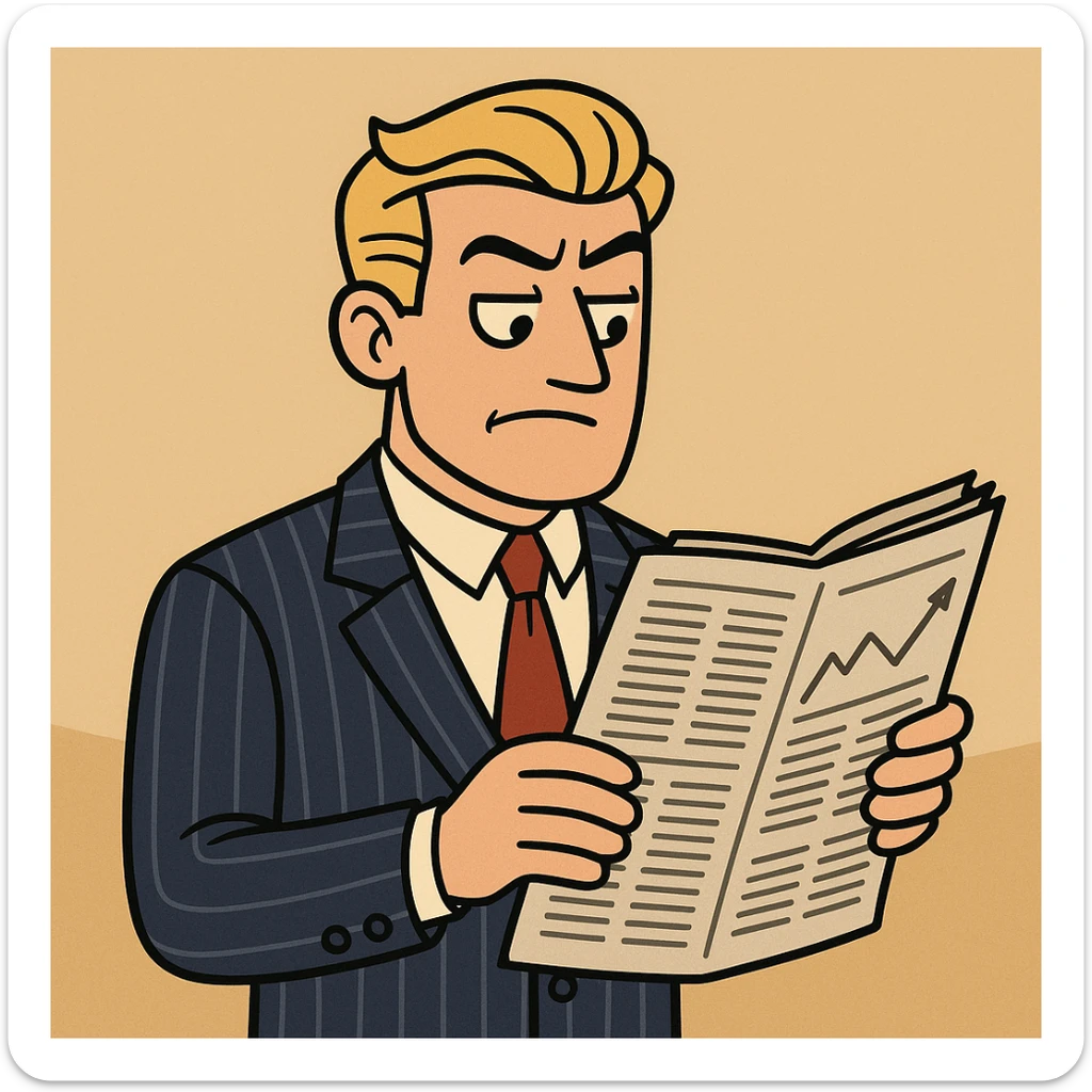 a trader character, classic Wall Street look, pinstripe suit, holding a newspaper sticker