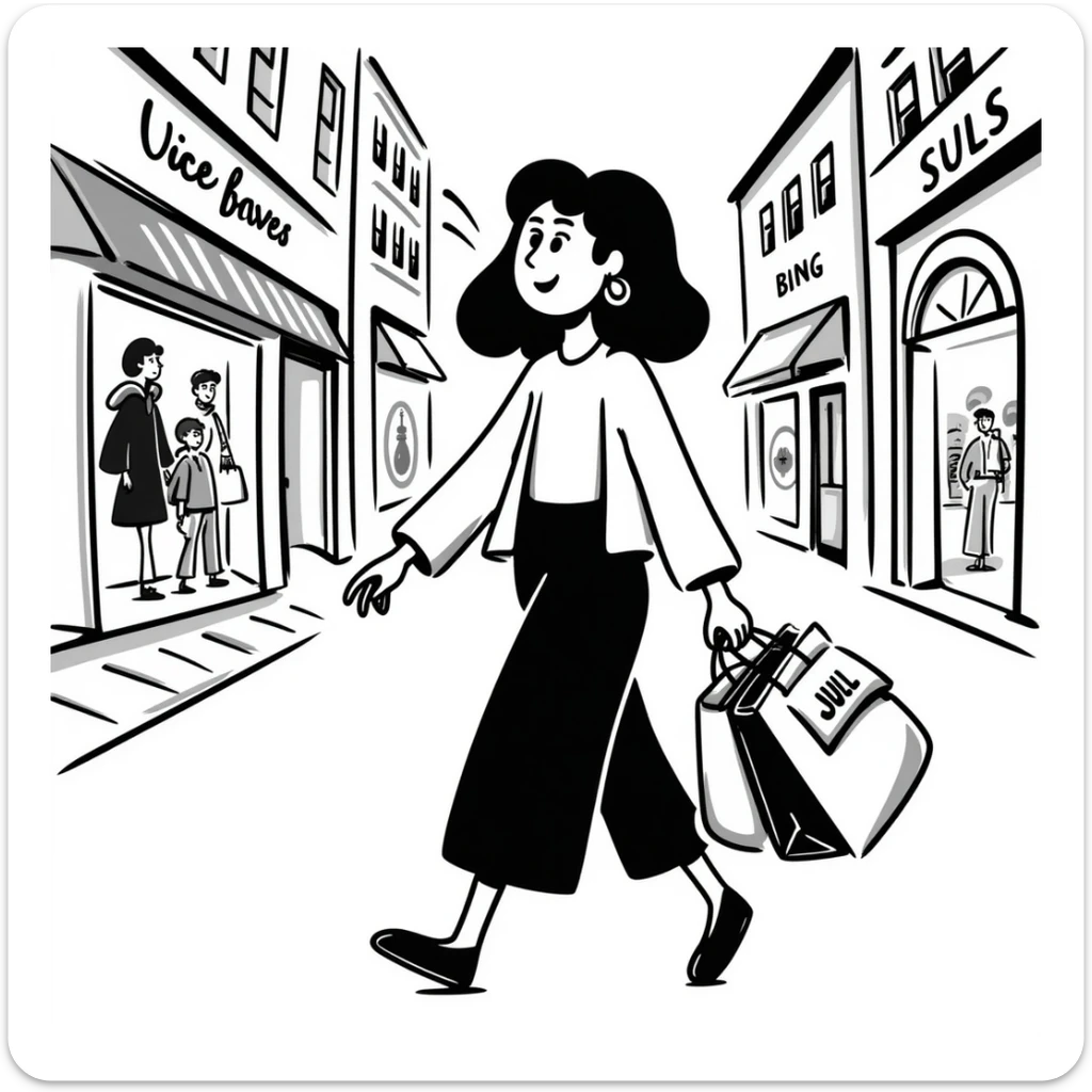 A young woman with a shopping bag, in a city street, vibrant colors, detailed background, shopping festival, niche brands, aesthetic lifestyle sticker