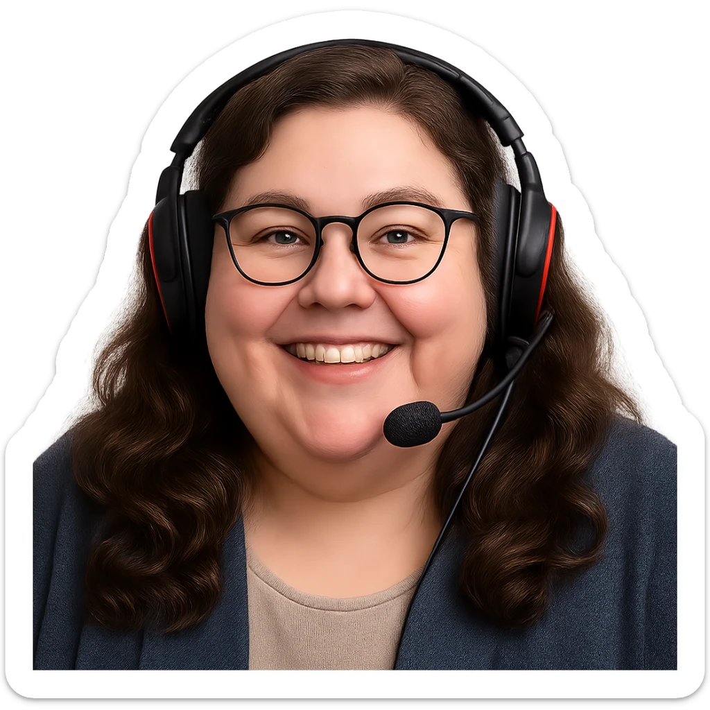 chubby English teacher with long wavy brown hair, cheerful, glasses, gamer, only face sticker