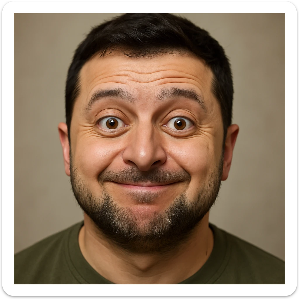 photorealistic emoji style portrait of Zelensky, round face, slightly goofy expression sticker