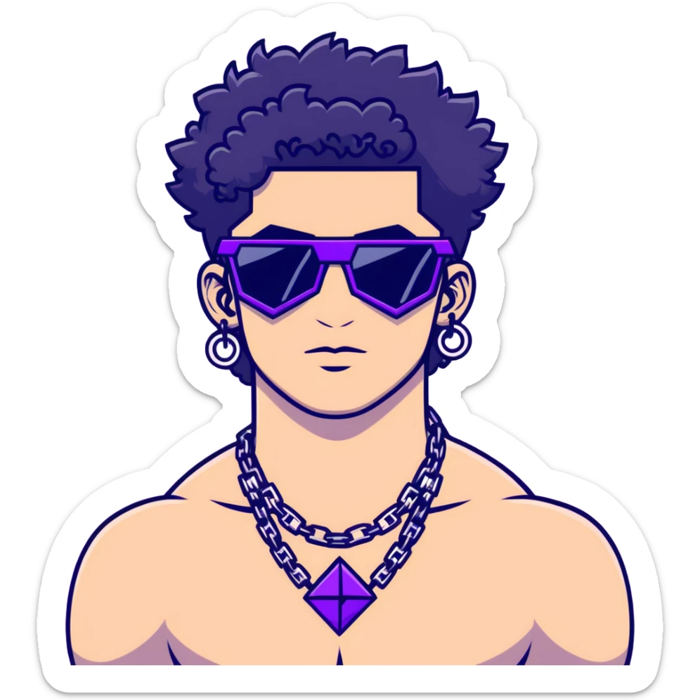 shirtless male athlete with white skin and moderately curly black hair on top with shaved sides, wearing sharp angular geometric purple sunglasses with very dark heavily tinted black lenses, and a simple plain black chain necklace, no earrings sticker