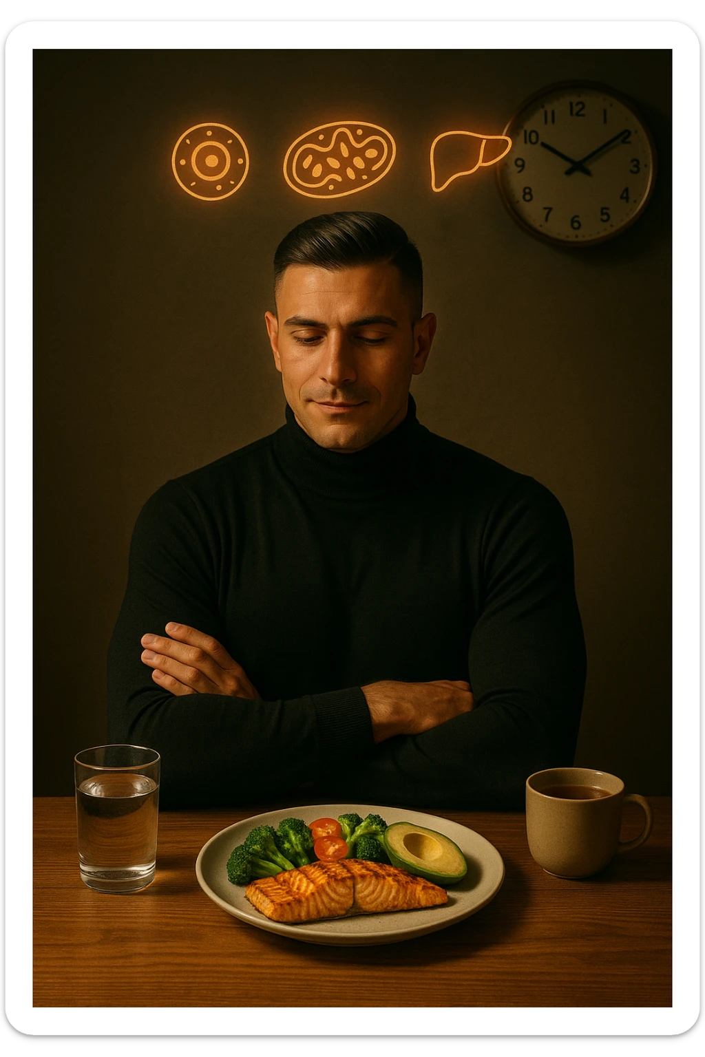 A realistic, cinematic illustration of a healthy, fit man in his early 30s with a calm, disciplined expression, sitting at a clean wooden table in the evening with a single, balanced, nutrient-dense meal in front of him (grilled salmon, colorful vegetables, avocado). The rest of the day he drinks only water and herbal tea, visible in a glass and a simple cup on the side. A wall clock in the background shows 6:00 PM, emphasizing that this is his only meal of the day (OMAD). Subtle glowing icons above him display a regenerating cell, mitochondria, and a liver symbol, representing autophagy, longevity, and health benefits of OMAD. The lighting is warm, with cinematic shadows and natural tones, creating a sense of discipline, mental clarity, and health optimization. The man looks centered and content, showing that OMAD is a conscious choice for energy and regeneration, not restrizione. The scene is realistic with slight film grain for depth sticker