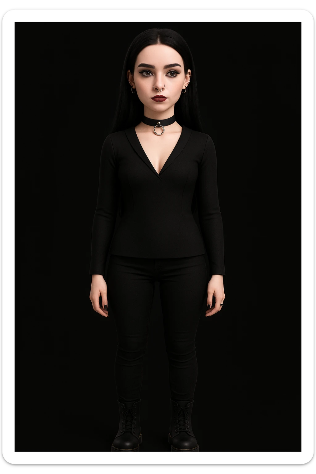 Make the woman more attractive with facial piercings, remove her fringe, dress her in gothic clothing, keep her pale skin and long straight black hair, standing still, with no background. sticker