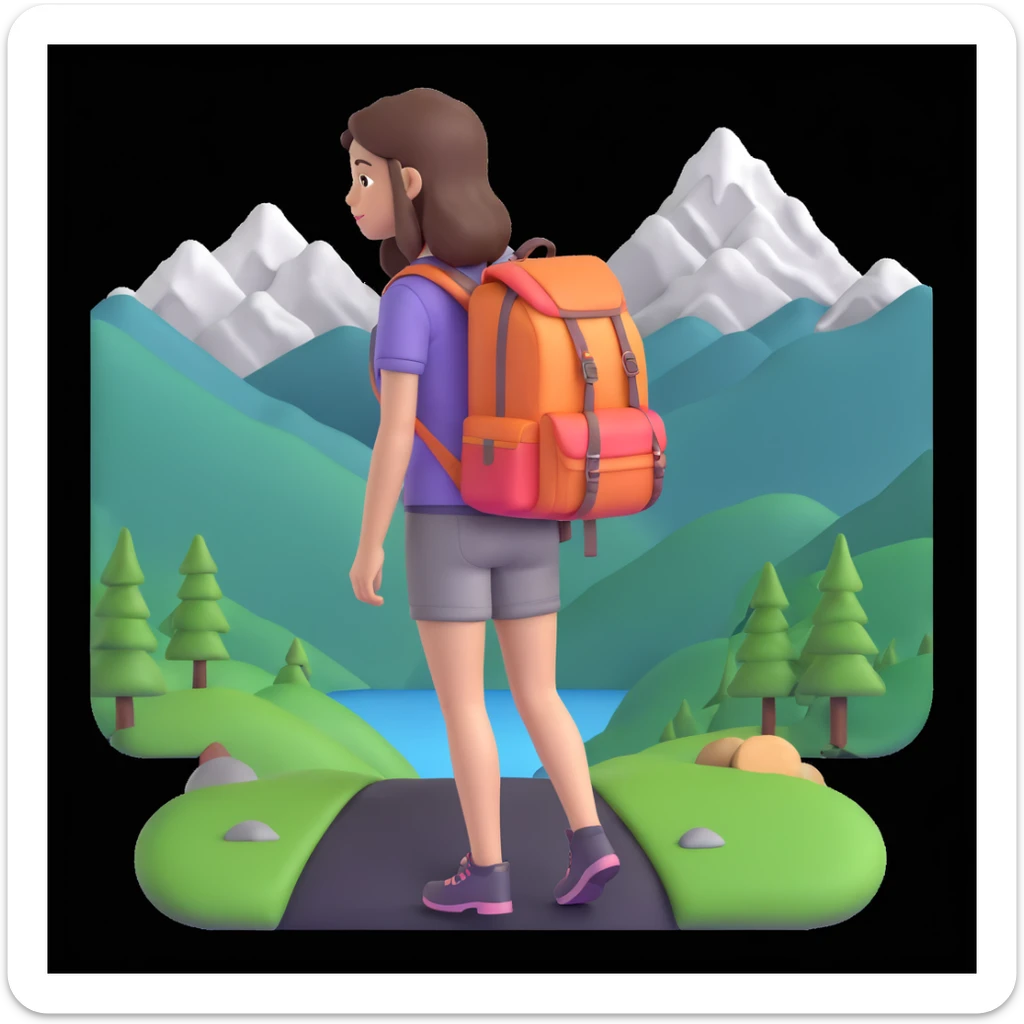 portrait of girl back packing mountains in background, close up pose sticker
