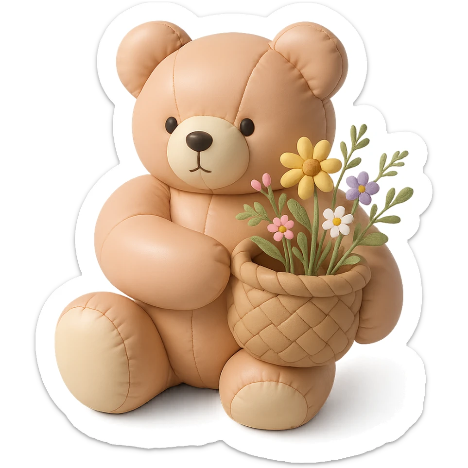 bear carrying a basket of wildflowers, soft pastel brown and cream, cushion style sticker