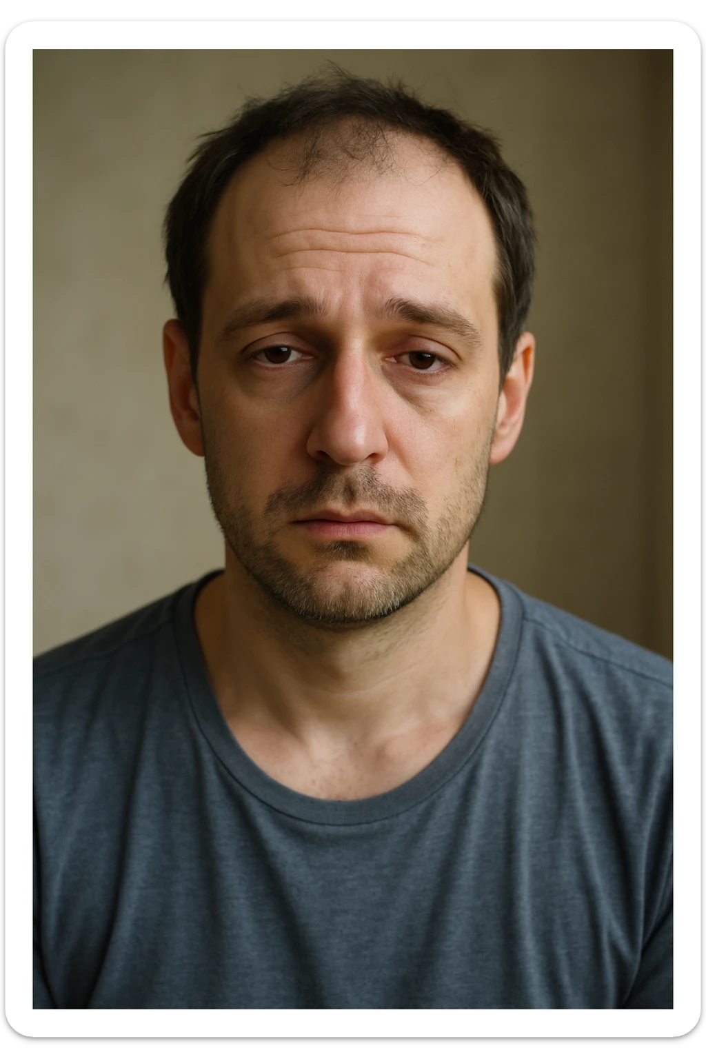 Un uomo caucasico di 35-45 anni, in CGI fotorealistico, che mostra i segni fisici ed emotivi di un basso livello di testosterone. sticker