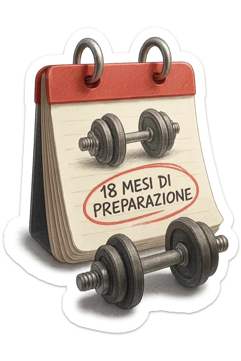 foglio di calendario con manubri da palestra disegnati e la scritta a penna "18 MESI DI PREPARAZIONE" CERCHIATA IN ROSSO, FALLO MOLTO REALISTICO IN 3D sticker