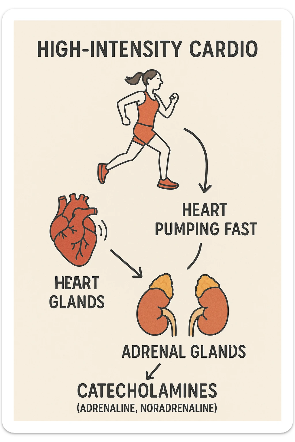 fai uno schemino che mostra come il cardio ad alta intensità stimola le catecolamine sticker