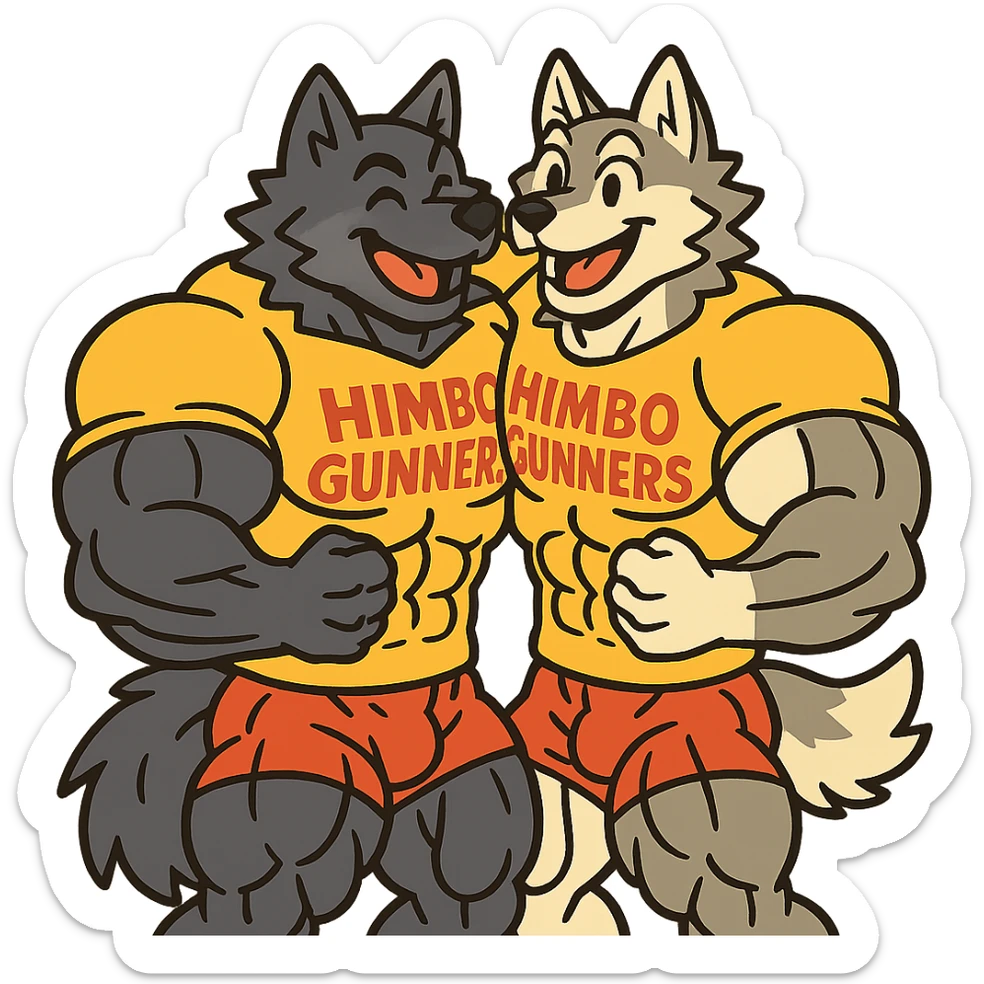 pair of ultra-muscular wolf furries wearing 'Himbo gunners' t-shirts, hugging, cheerful and energetic, very large, defined, and detailed muscles, ultra high quality sticker