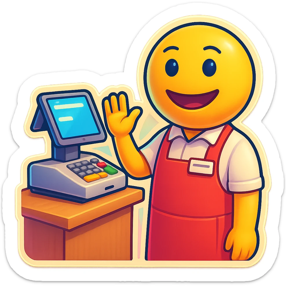3D smiley emoji, round shape, store clerk wearing colorful apron, name tag, cash register, smiling and friendly expression, specifically helpful mood, transparent background sticker