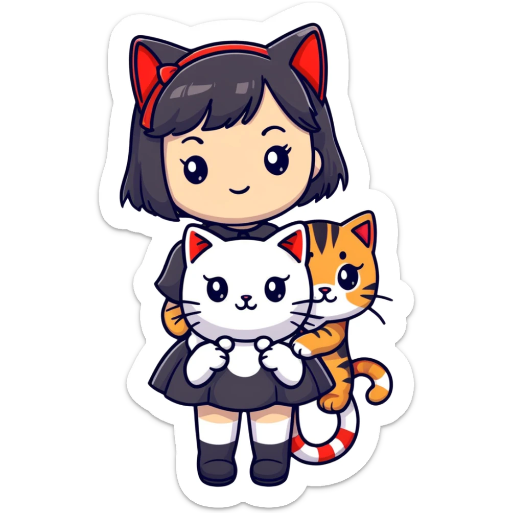 girl with black Lolita dress and black hair with red tips next to an American Shorthair tabby cat sticker