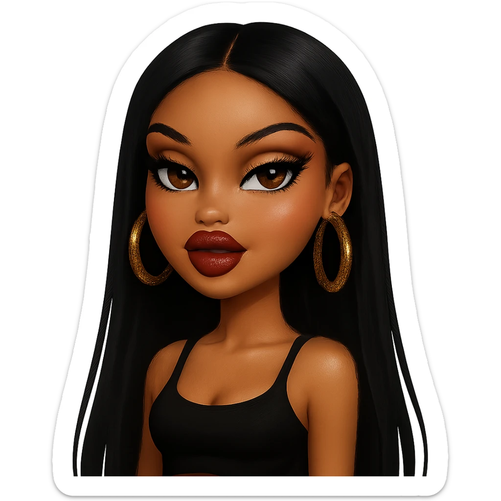 pretty Bratz baddie with black straight hair, brown skin, pretty makeup, dark brown eyes, gold hoop earrings sticker