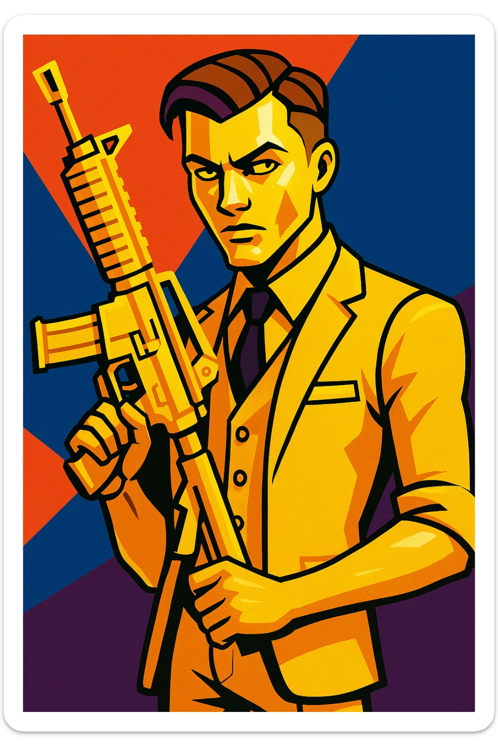 Fortnite skin Midas with gold suit, slicked-back hair, holding a golden weapon, vibrant toon style sticker