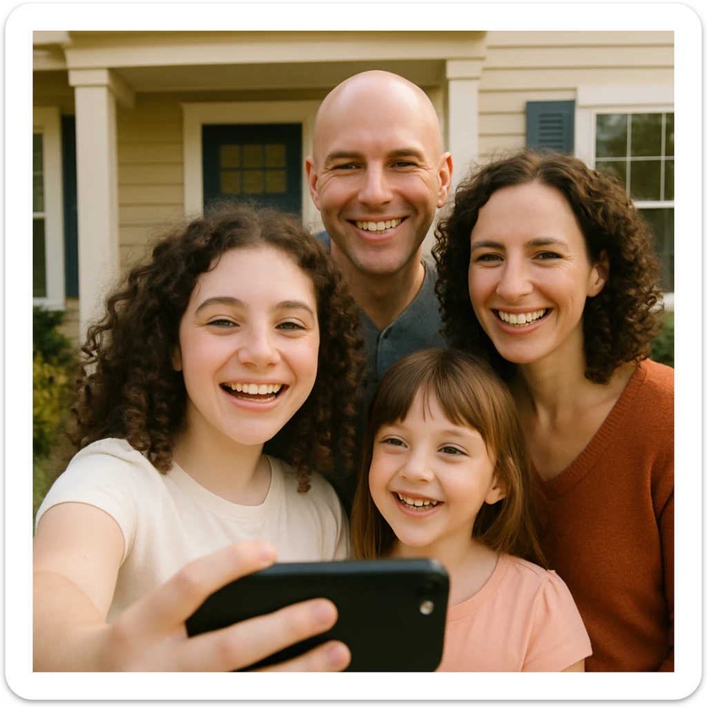 A group selfie of a family of four in front of a house: dad is bald with medium light skin, mom and older daughter have curly hair and pale skin, younger daughter has straight hair and medium light skin. The older daughter holds the phone, sisters look amused, parents smile. sticker