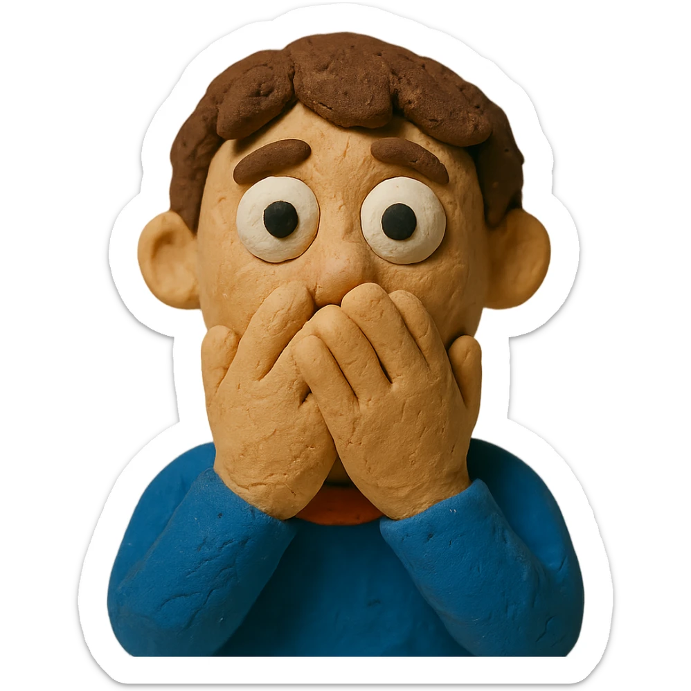 face with hands covering mouth, eyes wide, claymation style, after witnessing cannibalism sticker
