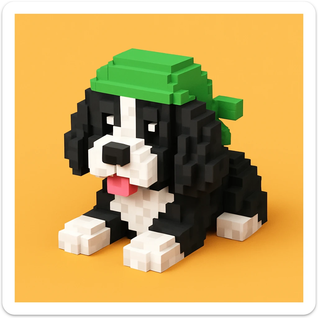 A black and white Russian Cocker Spaniel puppy wearing a green durag, voxel style, lying down sticker