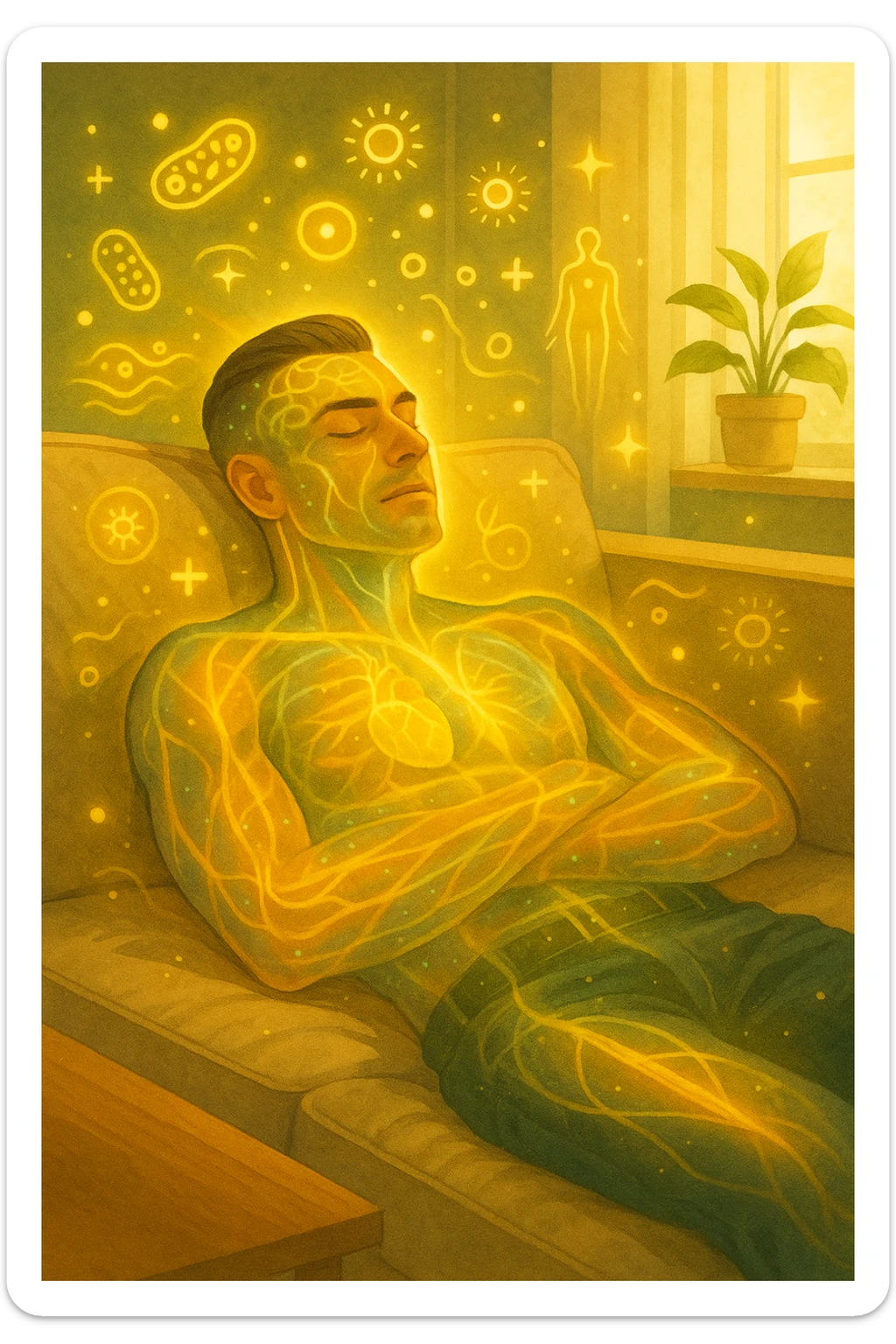 Uomo sdraiato su un divano nel primo pomeriggio, mentre fa un breve riposino. Il suo corpo appare parzialmente trasparente o stilizzato, con luce calda e flussi energetici dorati e verdi che scorrono attraverso muscoli, cervello, e organi. Intorno a lui si vedono piccoli simboli di rigenerazione: cellule che si rinnovano, tessuti che si illuminano, aura rilassata. L'ambiente è calmo e ordinato, luce naturale che entra da una finestra, atmosfera rigenerante, stile realistico con accenti metaforici. sticker