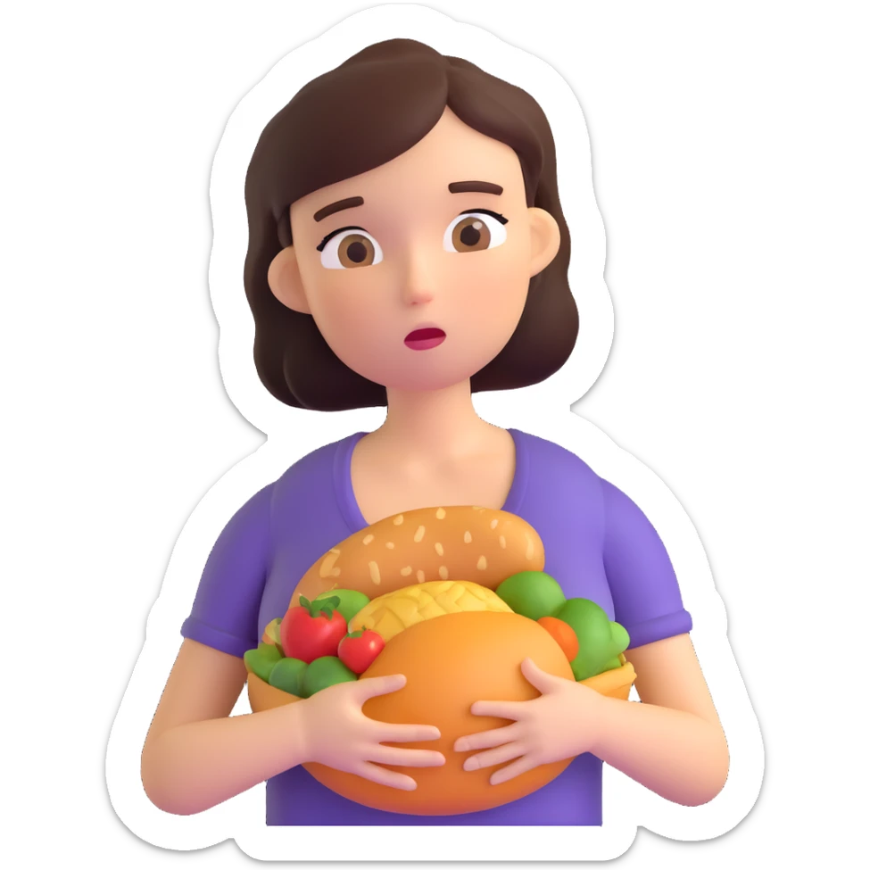 woman holding her stomach and looking at food with longing, expressing hunger sticker
