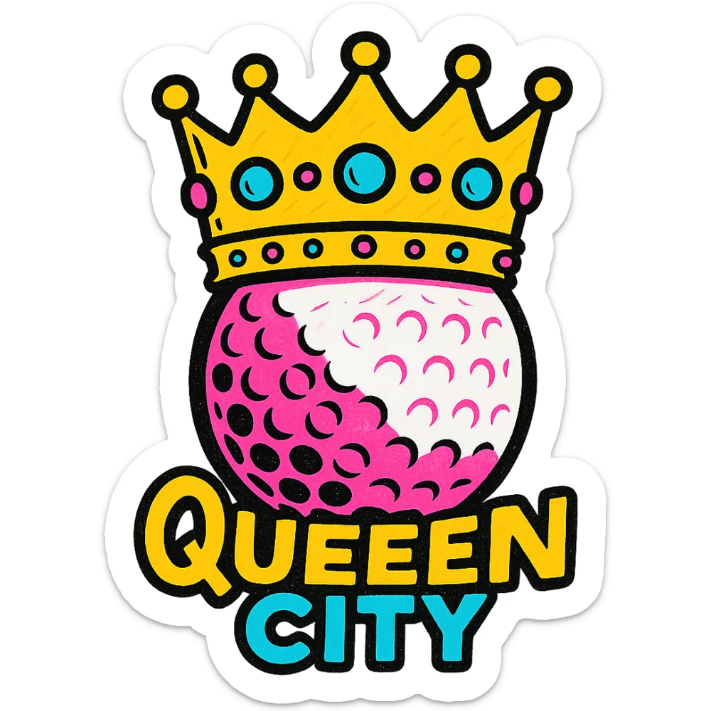 Add the text 'Queen City' in a stylish, modern font below the emoji, keeping the cool, energetic vibe. sticker