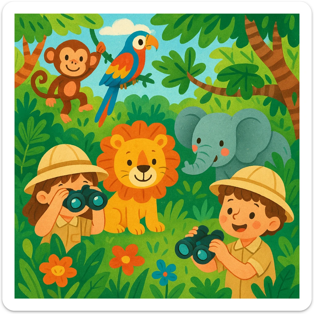 digital illustration of jungle safari in the style of children's illustration   sticker