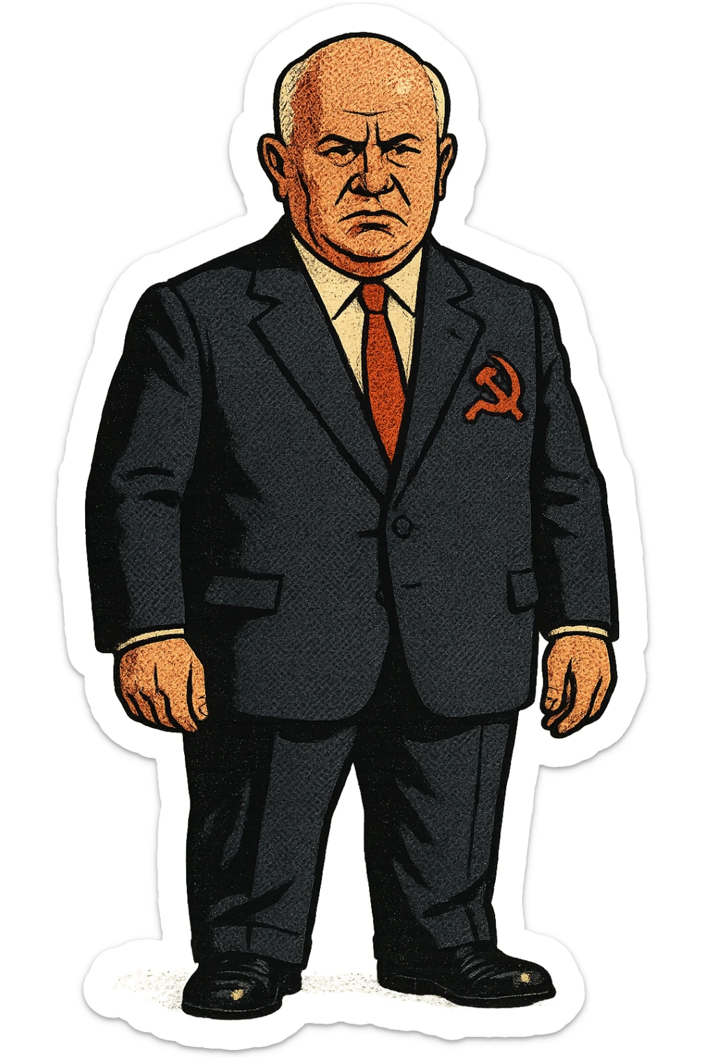 The full body of a male middle aged Russian leader who looks like Nikita Khrushchev wearing a suit with the community party logo and looking seriously sticker