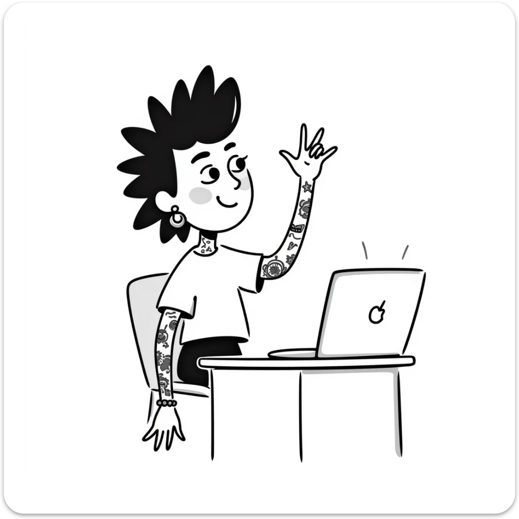 Punk rock female student with mohawk, facial piercings and full sleeve tattoos, smiling confidently while raising hand in class, laptop on desk, wearing band t-shirt sticker