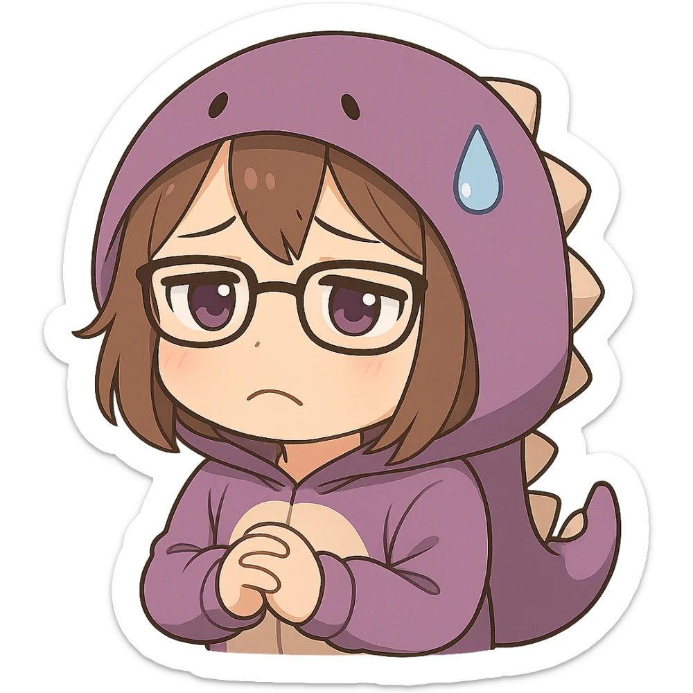 Chibi anime style gamer girl with glasses, brown hair, dark purple eyes, wearing a purple dinosaur costume, making a sad emote, no controller, same style as reference, with no background sticker