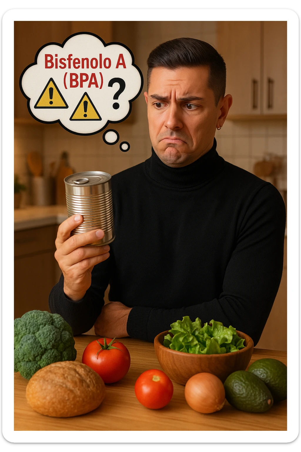 un uomo in cucina tiene in mano una lattina di cibo in scatola, osservandola con un’espressione preoccupata e scettica. Sopra la lattina, una nuvoletta di pensiero mostra la scritta “Bisfenolo A (BPA)” evidenziata in rosso, insieme a simboli di allarme o un punto interrogativo. Sullo sfondo, alimenti freschi e naturali sono visibili sul tavolo, sottolineando la sua preferenza per alternative più sane. sticker