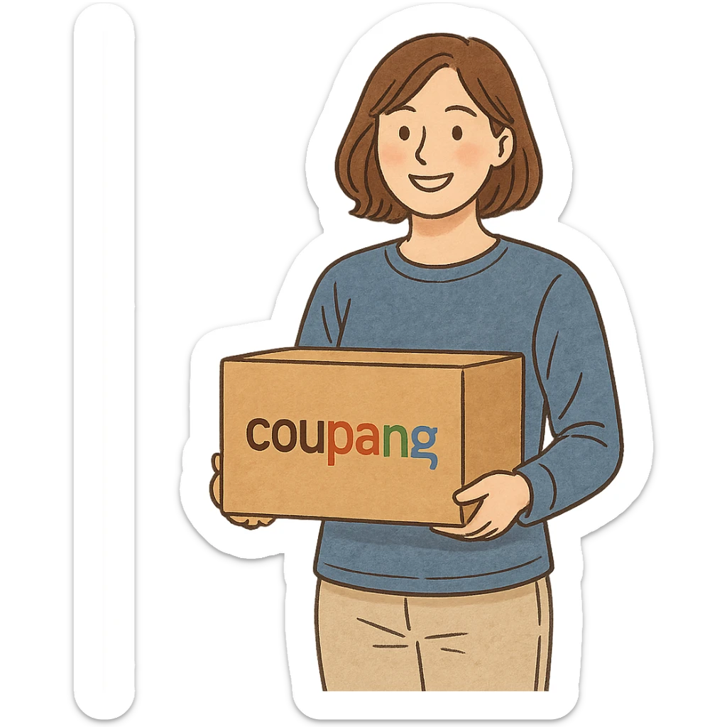 woman holding a Coupang delivery box, casual clothing, friendly atmosphere, illustration style sticker