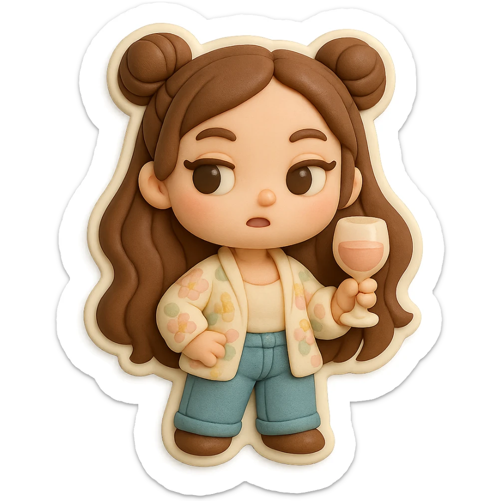 3D chibi girl fondant cake art style, high-quality rendering with smooth shadows and soft gradients, long brown hair in two space buns, brown eyes, jeans, pastel floral cardigan, thick white outline like a sticker, transparent background, holding a wine glass acting fancy and superior, preserve facial features from reference image sticker