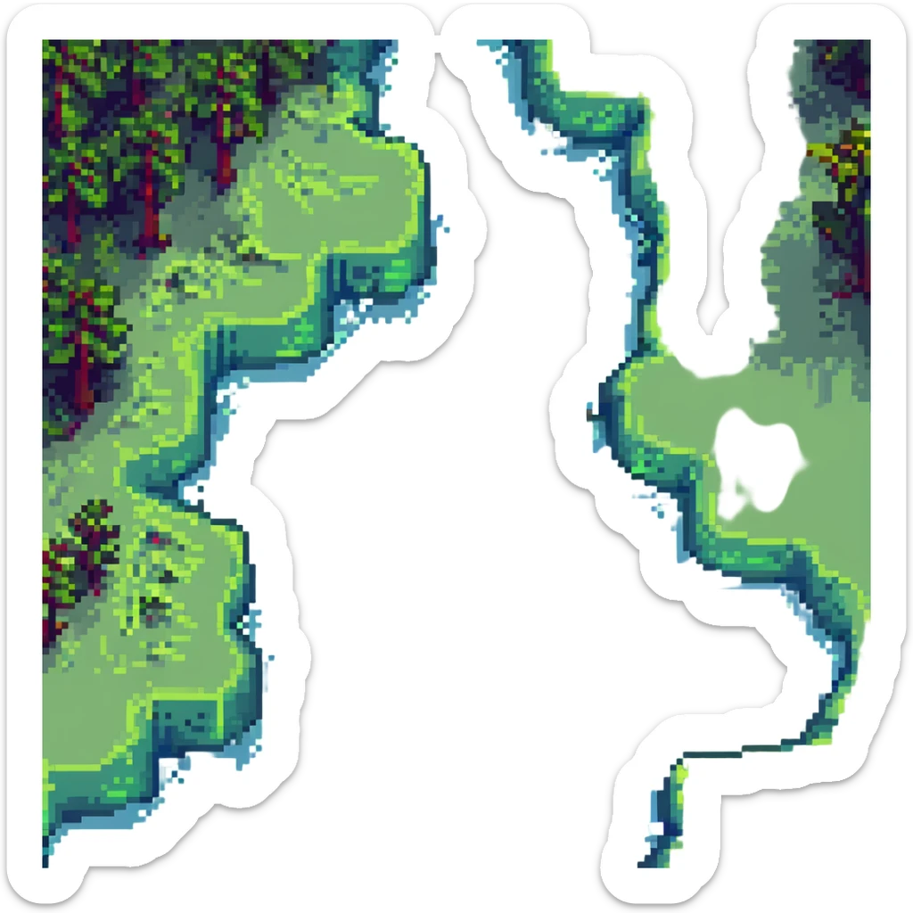 Change the river color to a bright green, keeping the rest of the pixel art scene the same, with a small child in a sun hat enjoying watermelon by the riverside, sparkling water, and a breezy atmosphere. sticker