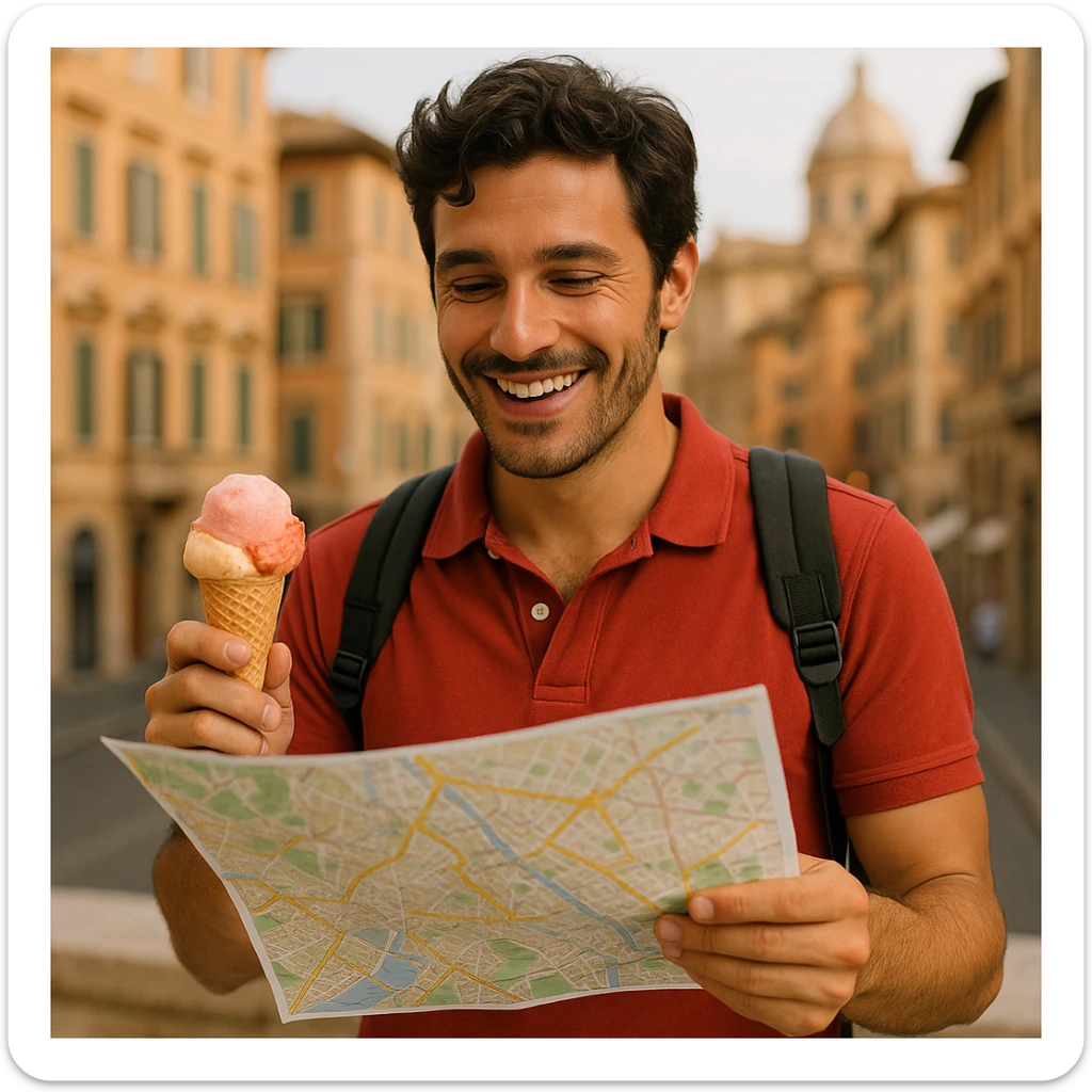an Italian tourist with a backpack, eating gelato, looking at a city map, relaxed and happy sticker