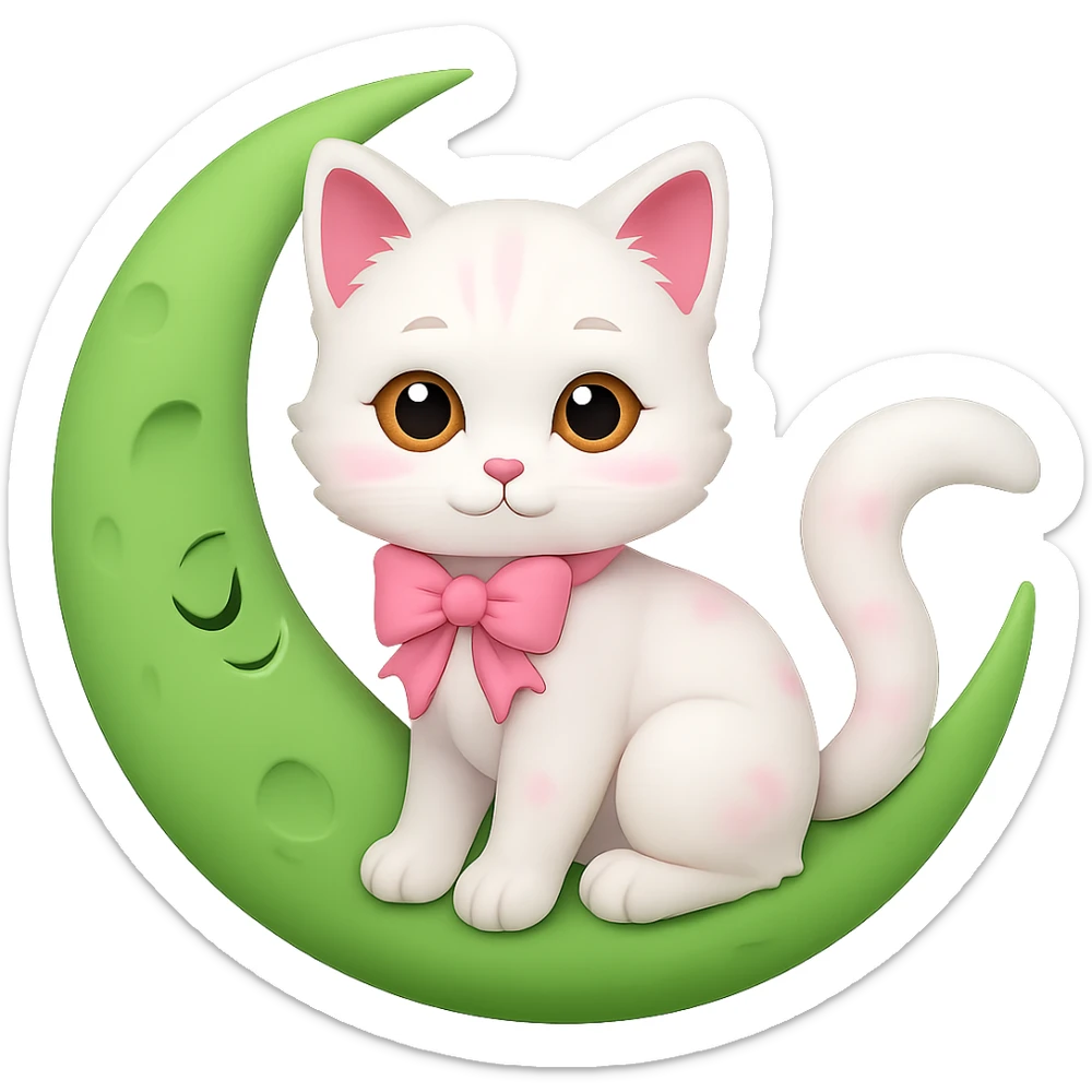 Change the yellow moon to green, keep the cute kitten with pink bow, in emoji style with no background. sticker