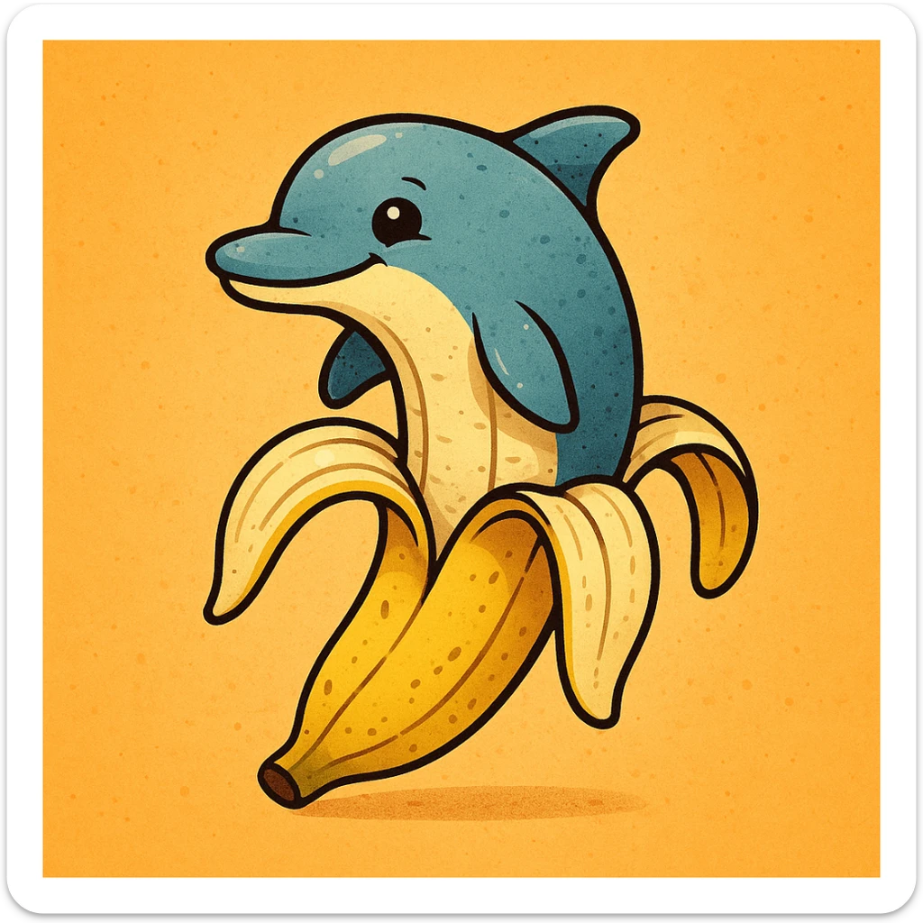 an imaginative and cartoonish dolphin merged with a banana peel, the dolphin's head and fins as the banana's top sticker