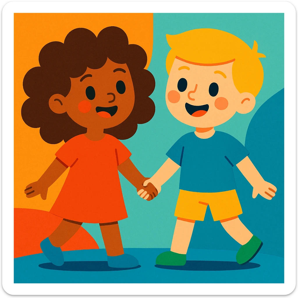 brunette curly haired girl and blonde boy holding hands, vibrant and friendly style sticker