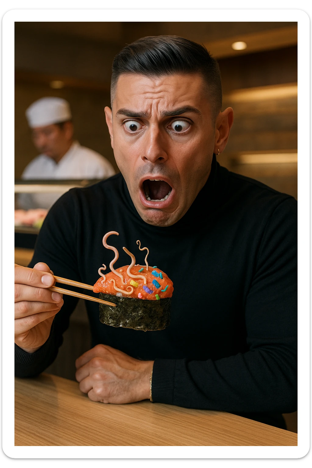 a man sits at a sushi bar, holding his chopsticks above a gunkan of salmon. As he looks closely, he notices visible parasites and bacteria—depicted as small worms and colorful bacterial shapes—on the surface of the sushi. His eyes widen and his mouth opens in shock, clearly alarmed. The background shows the sushi counter and chef, but the focus is on the man’s reaction and the contaminated sushi. sticker