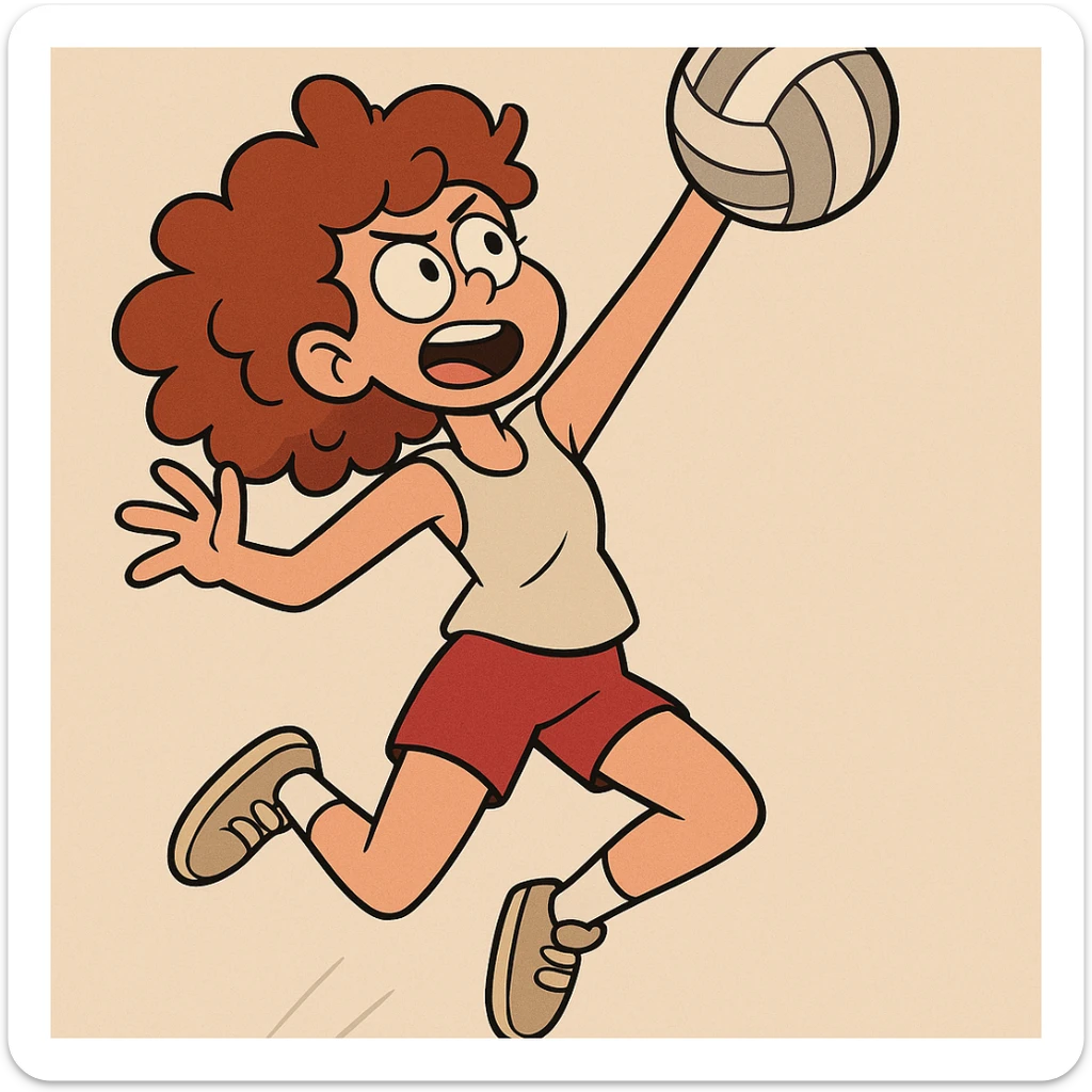 curly haired girl playing volleyball, jumping to spike, cartoon style sticker