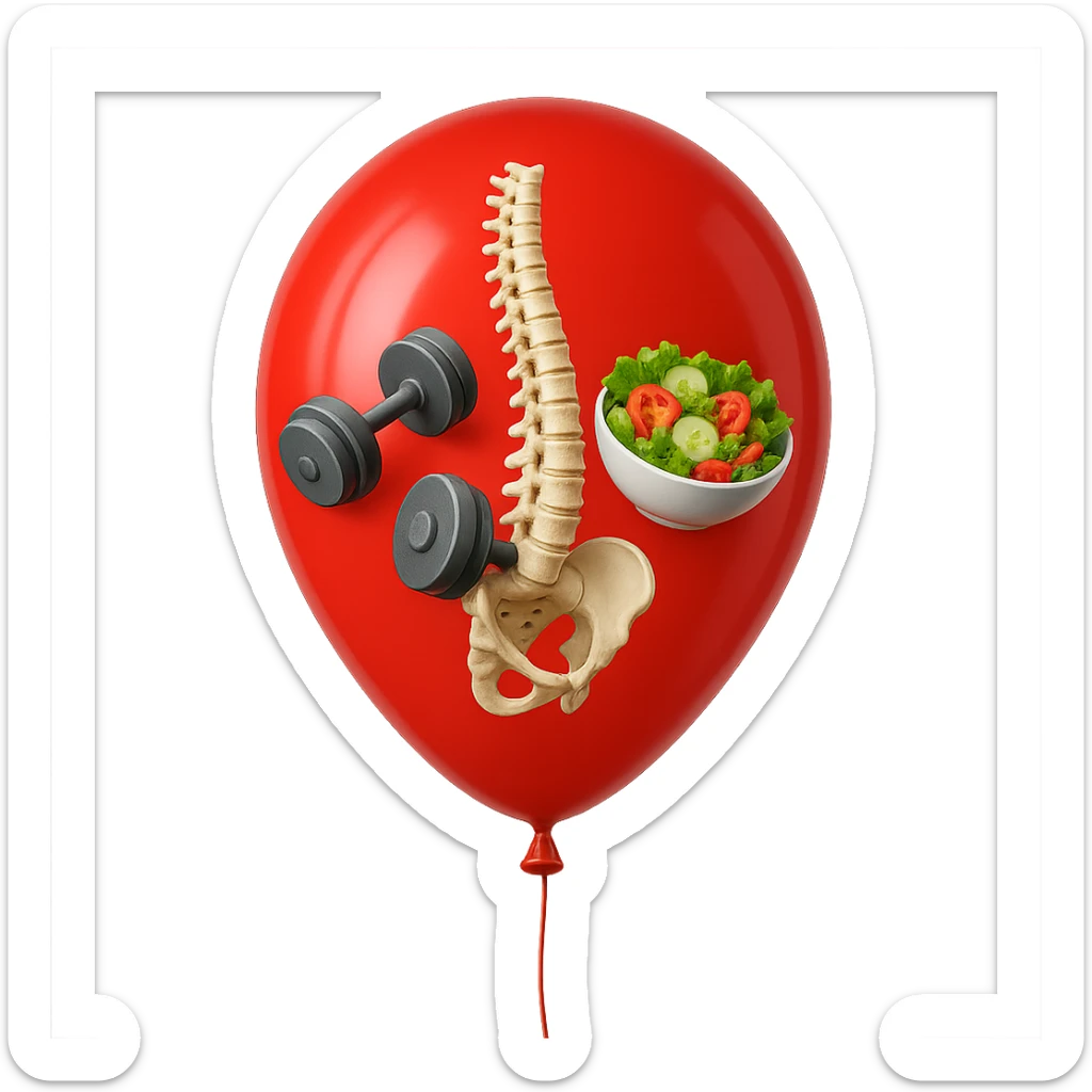 palloncino rosso con all'interno insalata, manubri da palestra e una spina dorsale anatomica realistica in 3d, isolato su sfondo bianco sticker