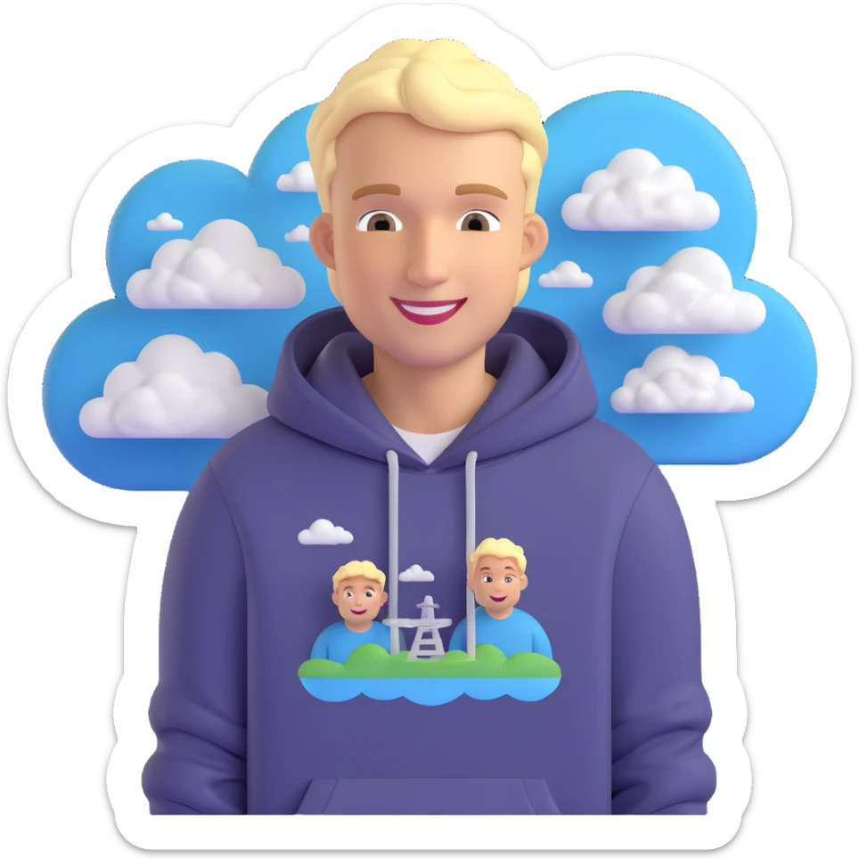 stylized 3D emoji of smiling blonde Dutch man, age 28, wearing hoodie, with engineering and cloud motifs sticker