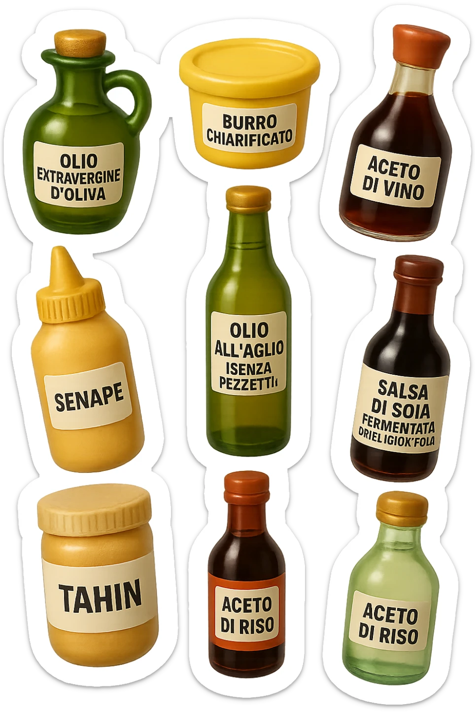 emoji stile iphone 3d di questi elementi che fluttuano in aria sparsi casualmente:

Olio extravergine d’oliva, burro chiarificato
Olio all’aglio (senza pezzetti)
Aceto di vino, aceto di riso, senape, tahin
Salsa di soia fermentata (senza aglio/cipolla)


 che fluttuano sparse casualmente in aria, le etichette dei prodotti scrivile in italiano, iperealistico 4k sticker