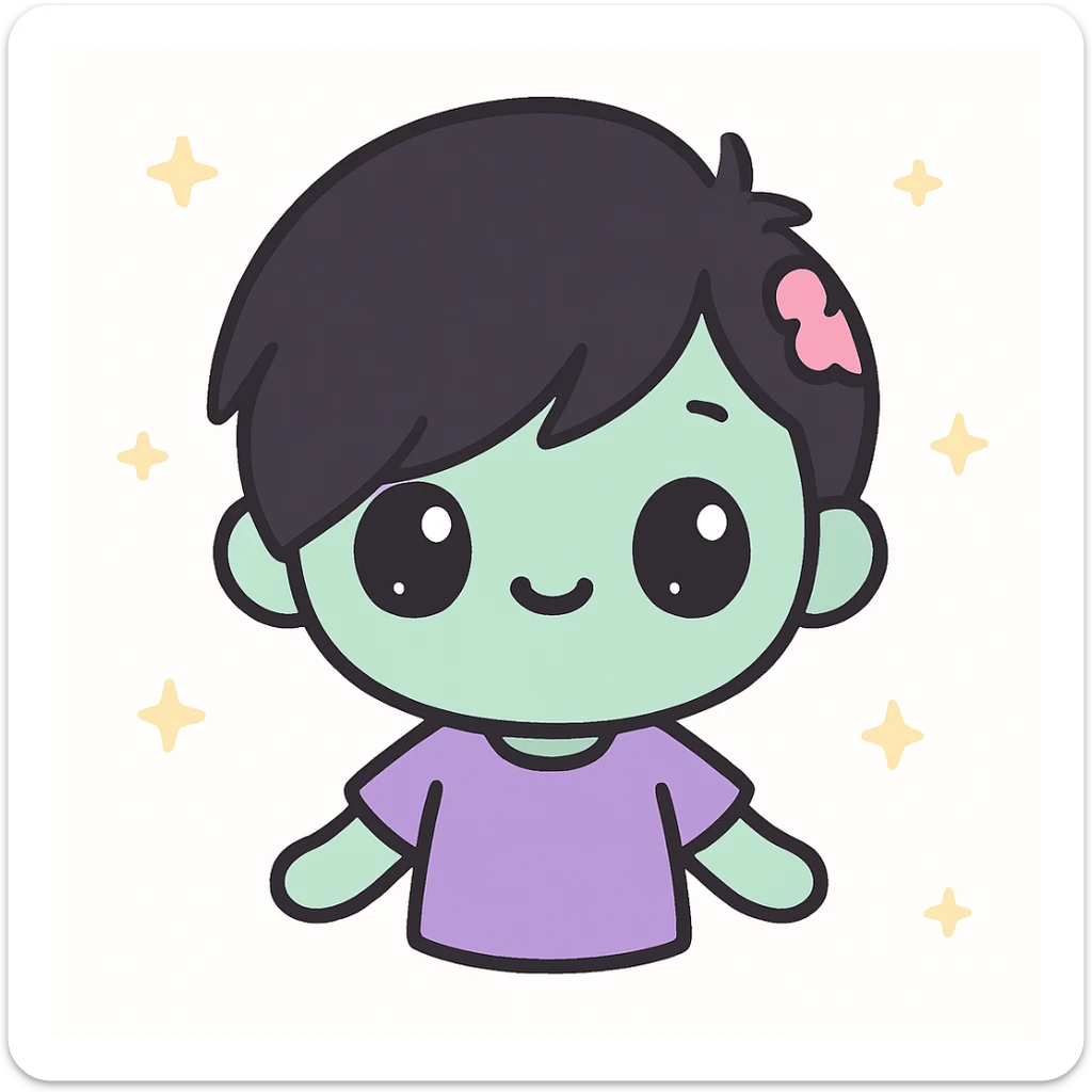 zombie boy with black emo hair and purple shirt, kawaii style sticker